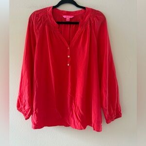 Lilly Pulitzer Deep Coral 100% Silk Long Sleeve Blouse